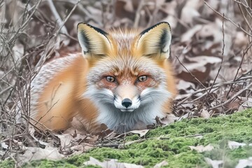 Fototapeta premium A close-up of a red fox resting among leaves and moss in a natural setting.