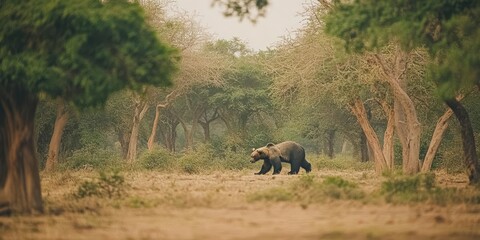 Fototapeta premium A bear walking through a serene forest landscape surrounded by trees.