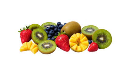 A close-up image of fresh fruits, including a red strawberry, a sliced kiwi, a peeled mango, and a handful of blueberries, all arranged beautifully