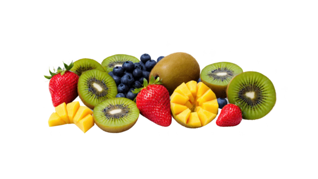 A close-up image of fresh fruits, including a red strawberry, a sliced kiwi, a peeled mango, and a handful of blueberries, all arranged beautifully