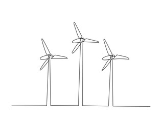 Continuous one line drawing of wind turbine power , sustainable energy. Wind turbines power outline vector illustration. Editable stroke. © Satria