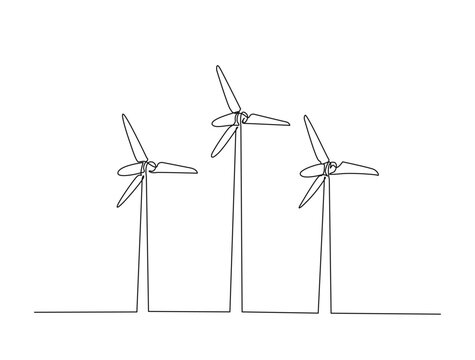 Continuous one line drawing of wind turbine power , sustainable energy. Wind turbines power outline vector illustration. Editable stroke.