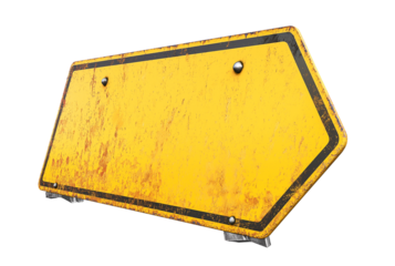 blank yellow rustic metal road sign guide board, old weathered signboard, cutout png
