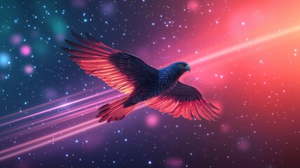 Fototapeta premium Majestic Black Hawk Soaring Through a Colorful Cosmic Landscape Filled with Stars and Nebulae, Capturing the Essence of Freedom and Adventure in a Digital Universe