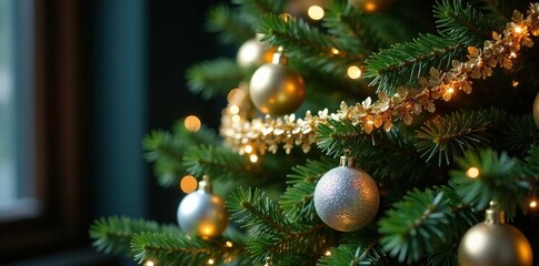 Fototapeta premium Ornate silver and gold garlands adorn the branches of a majestic Christmas tree, greenery, christmas tree, gold