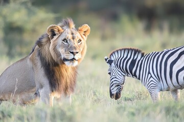 A lion and a zebra in a grassy landscape, showcasing wildlife interaction.