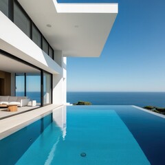 Fototapeta premium Luxurious modern villa with an infinity pool overlooking a serene ocean, featuring minimalist architecture, clean white surfaces, and a seamless indoor-outdoor living space under a clear blue sky