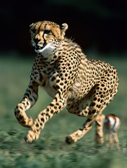 A cheetah sprinting across a grassy field, showcasing its speed and agility while hunting.