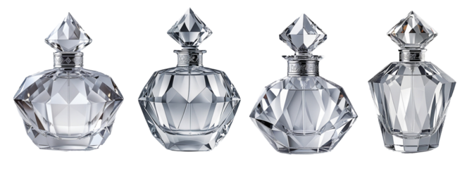 Collection of four luxury perfume bottles with faceted glass design.  Concept of fragrance, beauty, luxury, elegance.