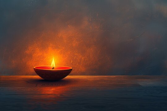 Indian Diya lamp candle burning on floor at calm background, creating serene and peaceful atmosphere, symbolizing inner tranquility and spiritual reflection
