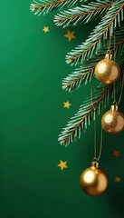 Naklejka premium Frosty pine branches with golden ornaments against a green Christmas background, holiday, decoration