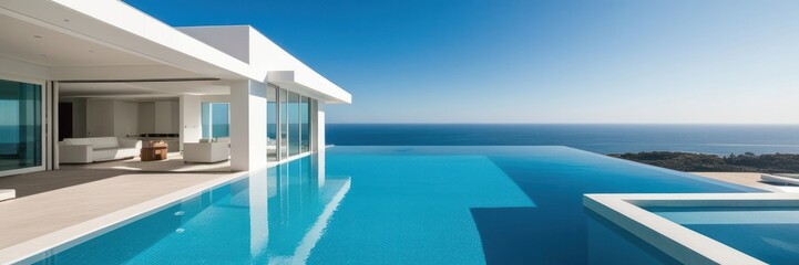 Fototapeta premium Luxurious modern villa with an infinity pool overlooking a serene ocean, featuring minimalist architecture, clean white surfaces, and a seamless indoor-outdoor living space under a clear blue sky
