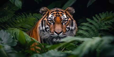 A tiger peers through lush green foliage in a dense jungle setting.