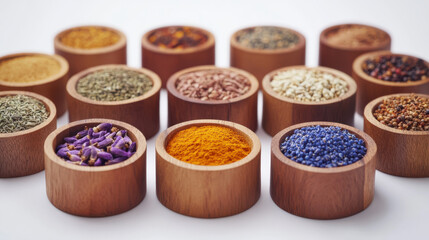 A vibrant arrangement of exotic spices and herbs in small wooden bowls, each containing unique colors and textures, arranged in a visually appealing grid, isolated on a pure white background. Crisp, h