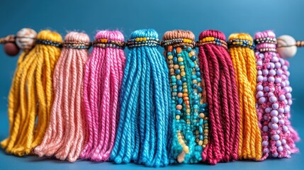 Colorful handmade yarn tassels hanging on a wooden rod, vibrant bohemian decor for home decoration, craft projects, festive celebrations, bright background with soft lighting, cozy artistic ambiance