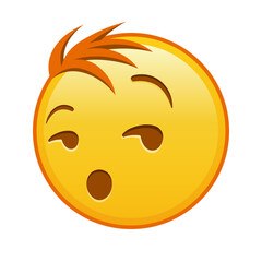 Grinning flirting face on white background. Large size of yellow emoji smile with hair