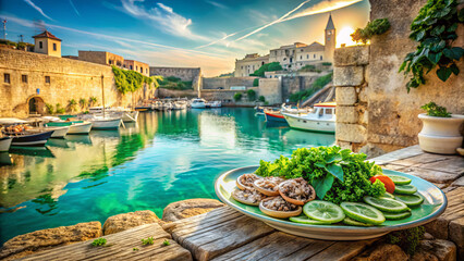 Obraz premium picturesque Mediterranean harbor scene featuring vibrant plate of fresh seafood and vegetables, with emerald green vines cascading nearby. tranquil water reflects stunning architecture and boats