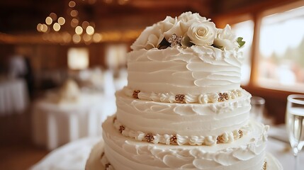 Elegant three-tiered wedding cake with white roses.