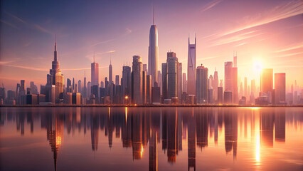 minimalist, pulsating cityscape at dawn, showcasing quartz hued skyscrapers reflecting on water, creating serene and vibrant atmosphere