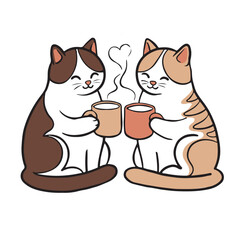 Two cats in love with cups of coffee drink, heart shape, love. Time for coffee, rest, friendship. Couple of animals clicking cups