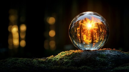 Crystal ball reflecting sunlit forest.