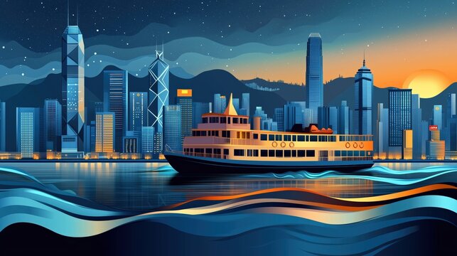 Hong Kong Star Ferry at Sunset - Modern Illustration