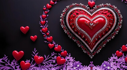 Motion of Love: Adorned Central Heart with Radiant Patterns, Gradients, and Surrounding Hearts Creating Depth and Elegance