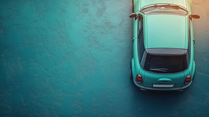 Aerial view of a teal car parked on a textured surface.