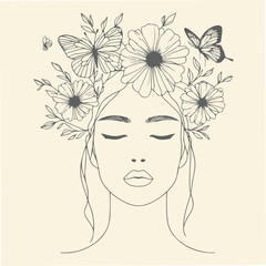 Hand Drawn line art woman face and flower