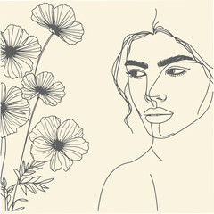 Hand Drawn line art woman face and flower