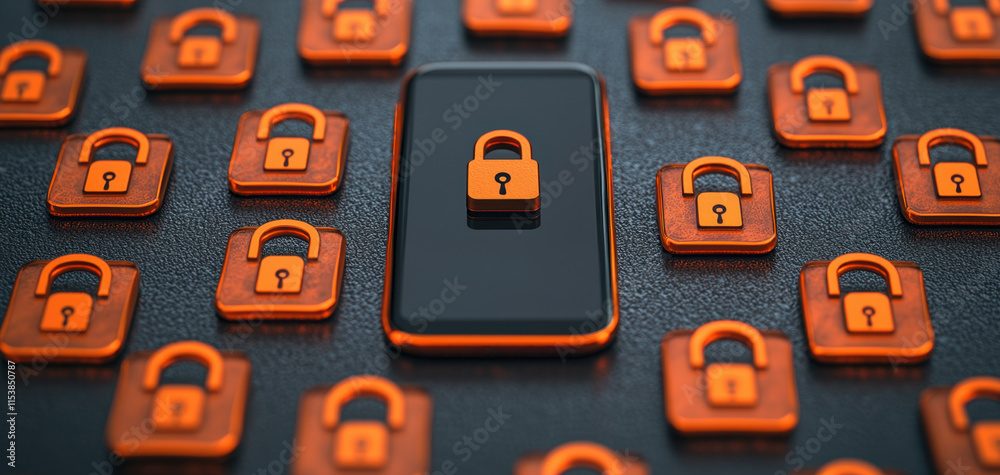 Poster a collection of padlock icons surrounds a central smartphone, emphasizing themes of security, techno
