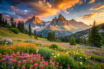 Naklejka premium sun drenched alpine meadow filled with vibrant wildflowers, surrounded by majestic mountains under colorful sunset sky. scene evokes tranquility and natural beauty