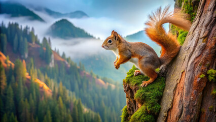 vibrant ginger colored squirrel with pearly white highlights playfully climbs moss covered tree in misty mountain landscape, showcasing its lively spirit