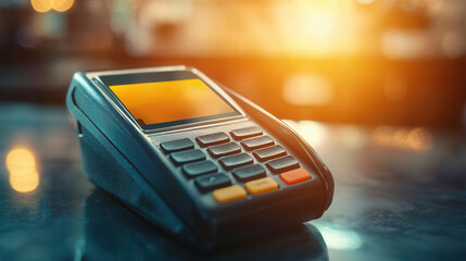 A close-up of a payment terminal, illuminated by warm light, showcasing buttons and a screen, symbolizing modern transactions and commerce.