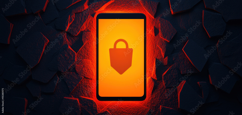 Poster a smartphone displaying a lock symbol, illuminated against a cracked, dark background, symbolizing s
