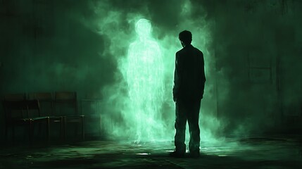 Obraz premium Man facing ethereal green figure in dark room.
