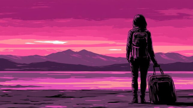 A lone traveler with a backpack and passport standing before a breathtaking mountain range golden hour light evoking freedom and exploration wanderer is spirit endless horizons