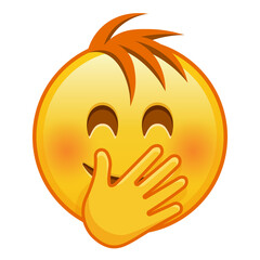 Smiling face with smiling eyes covering mouth with hand with hair