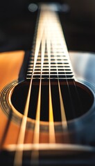 Fototapeta premium Close-up of an acoustic guitar with warm lighting, showcasing strings and wood texture.