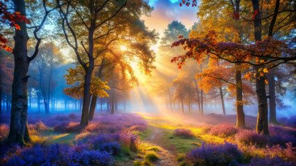 serene misty forest glade bathed in soft, warm sunlight, surrounded by vibrant autumn foliage and blooming purple heather. tranquil atmosphere invites peace and reflection