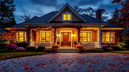 beautiful autumn home exterior with warm glowing windows and fall foliage at twilight, generative ai