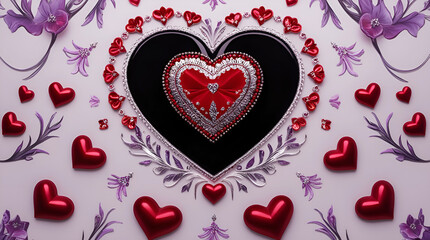 Motion of Love: Adorned Central Heart with Radiant Patterns, Gradients, and Surrounding Hearts Creating Depth and Elegance