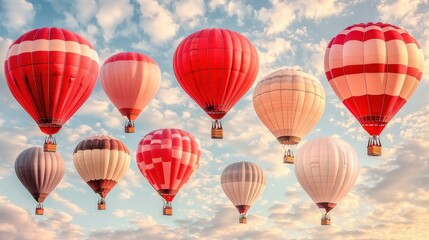 Fototapeta premium Red and white striped hot air balloons flying over scenic landscape during sunset, perfect for travel, adventure, vacation, outdoor, and festival themes with colorful sky and clouds background