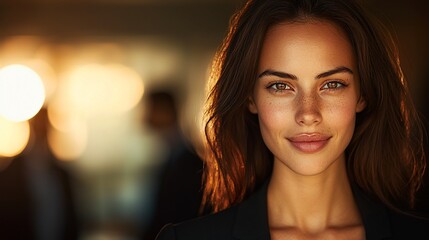 Confident woman smiling, warm lighting, bokeh background.