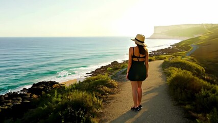 A woman enjoys the view of a scenic coastline at sunset, evoking tranquility and adventure. Ideal for travel themes and serenity-focused projects with a natural backdrop.