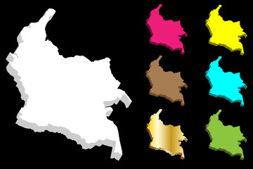 3D map of Colombia (Republic of Colombia) - white, yellow, purple, green, brown, blue and gold - vector illustration