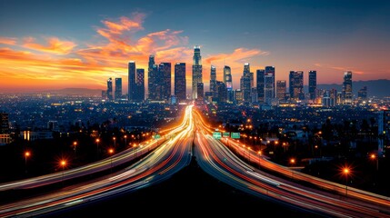 Fototapeta premium Stunning sunset over cityscape with highway light trails.
