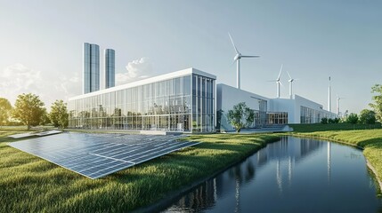 Obraz premium A futuristic factory building designed for energy efficiency and modular production systems