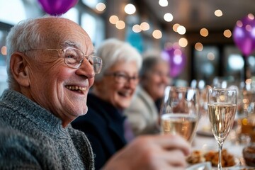 A group of cheerful seniors enjoying a joyful celebration filled with laughter, toasts, and vibrant decorations, highlighting the warmth of companionship and togetherness.