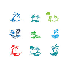 Palm tree wave travel logo set , Wave beach palm logo design icon combination Vector illustration